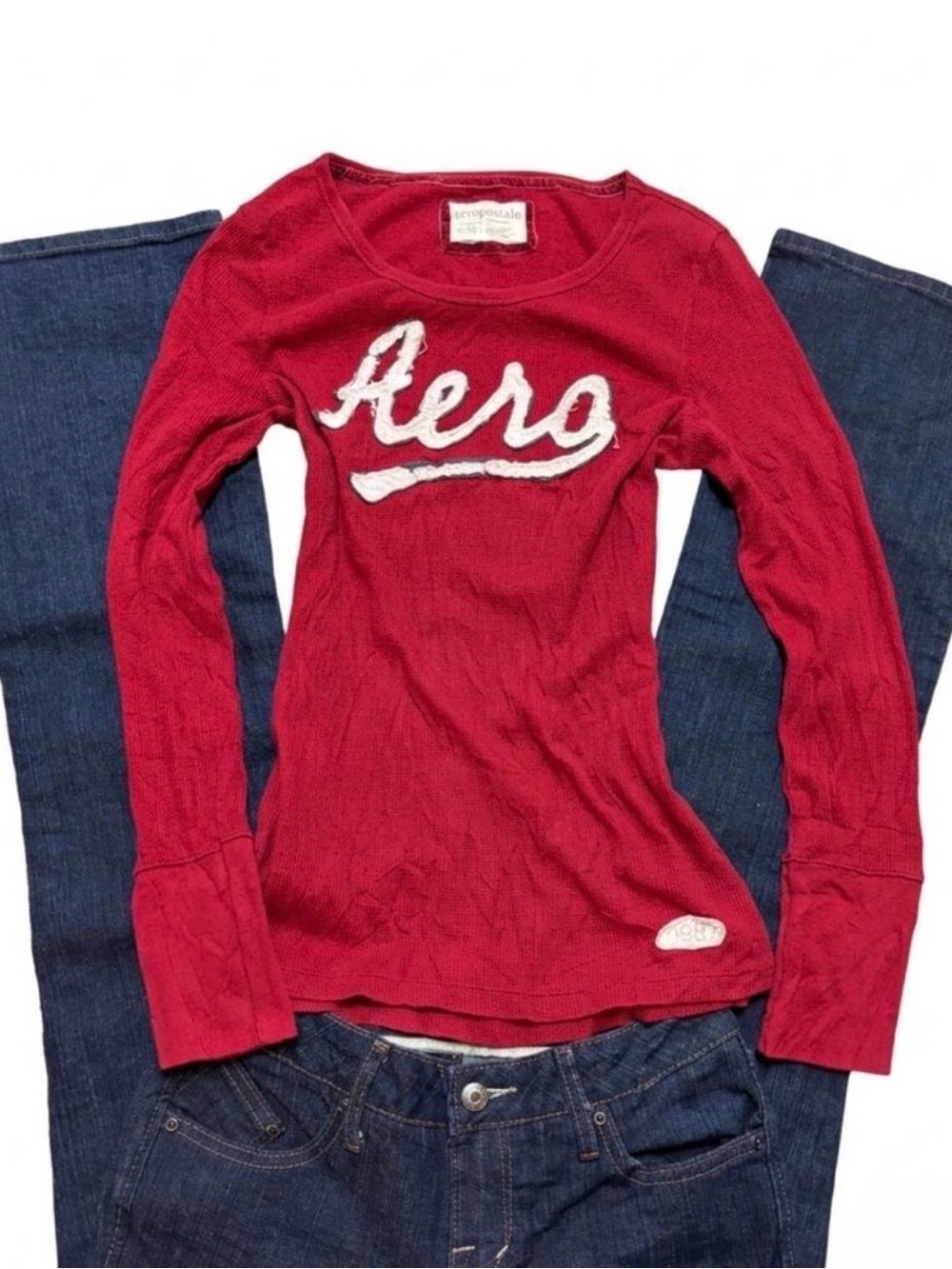 vintage y2k aeropostale red waffle knit henley spellout top grail size L\XL